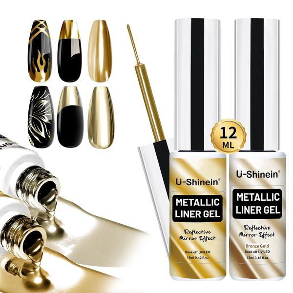 U-Shinein 2 X 12 ml Metallic Painting Gel Liner, Gold & Copper Metal Drawing Gel, Strong Mirror Reflection Nail Art Paint, Nail Liner Gel UV Nail Gel con Build in Thin Brush