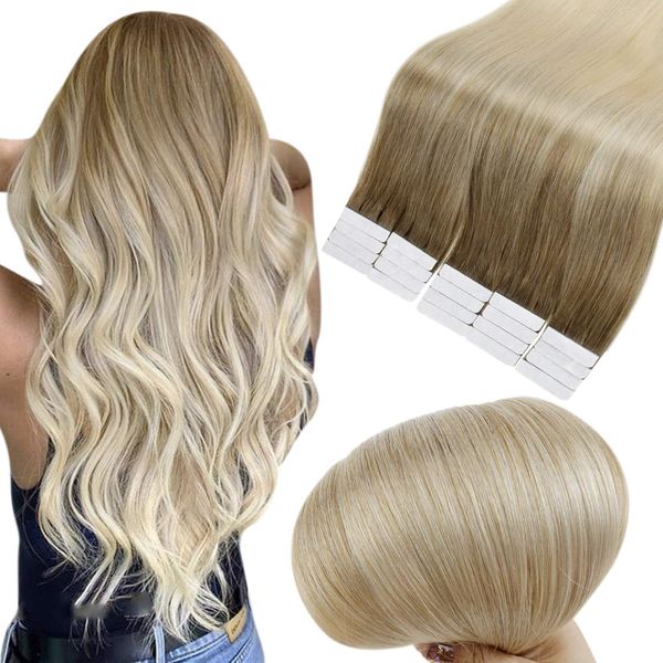 Full Shine Tape Hair Extensions Human Hair 18 Inch Tape in Human Hair Extensions Balayage Ombre Color 7B Fading to 613 Remy Hair Seamless 20 Pieces Double Sided Tape ins 50 Grams