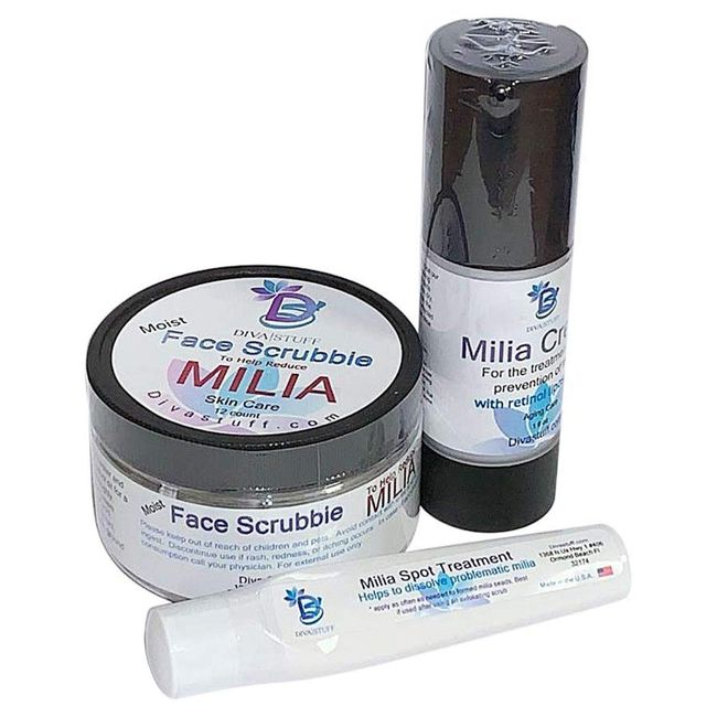 3 Piece Milia Treatment Set, Helps Dissolve and Reduce Milia, With Salicylic Acid, Sandalwood, Olive Squalene, Face Scrubbies and Face Cream Set