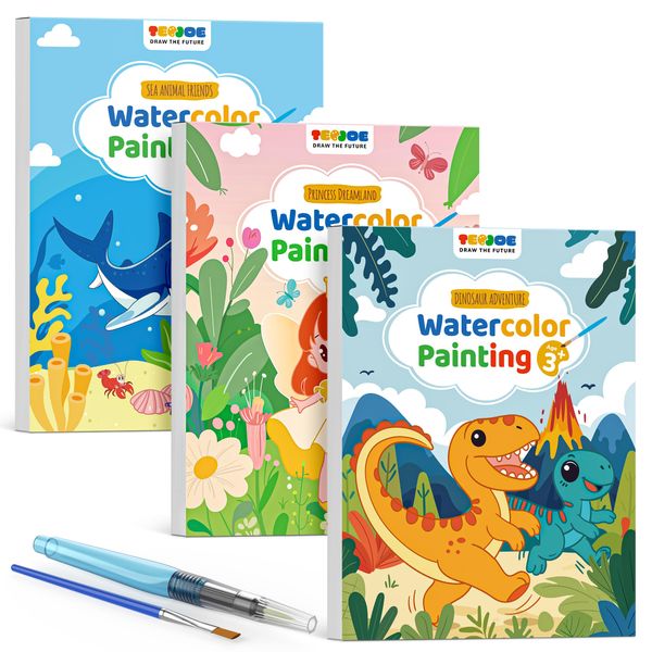 TECJOE 3 Pack Paint with Water Coloring Books for Toddlers, Watercolor Paint Set with 6 Brushes, Painting Activity for Kids Ages 4 5 6 7 8, Christmas Gift Arts & Crafts Toy, Princess, Dinosaur & Sea