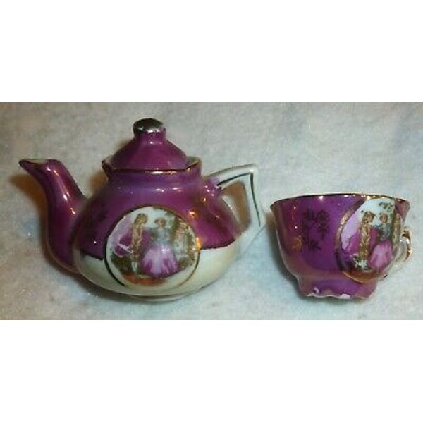 3 Pc Set: Vintage/Antique? MINI TEAPOT, LID & TEACUP w/ PICTURE Of A COUPLE Excl