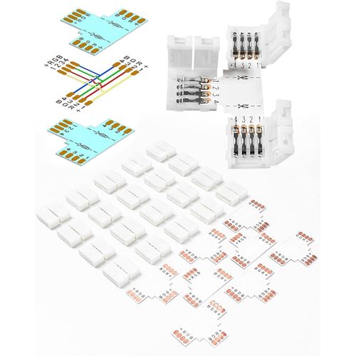 20Pcs 4-Pin Led Light Strip Connectors Set with 8 Pcs Double-Sided Cuttable T-Shape Connectors for Solderless Connecting of LED Lights Strip (20Pcs Clips Plus 8Pcs PCB)