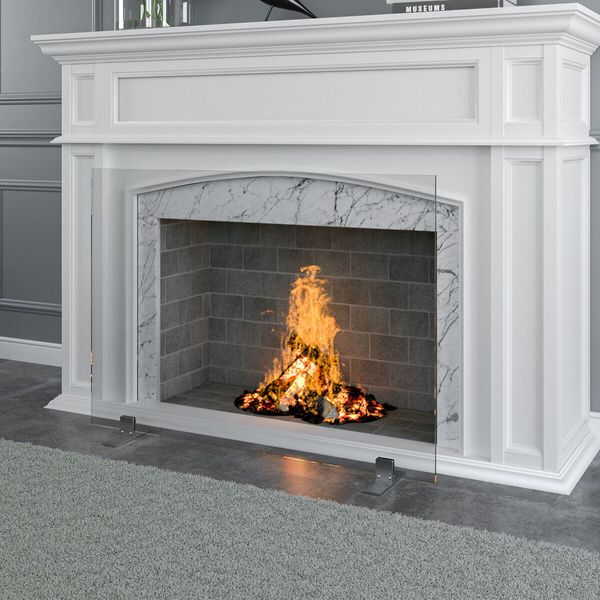 Freestanding Fireplace Screen Tempered Glass Panel Cover Fire Cover (39" x 29")