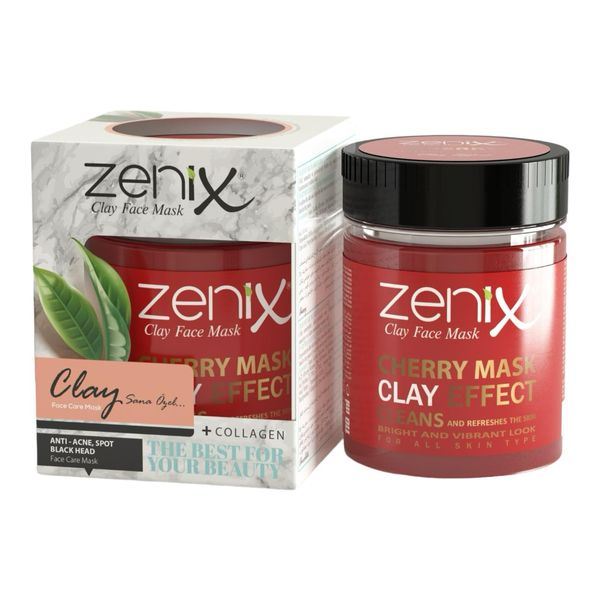 Zenix Clay Face Mask Cherry 190gr | Gesichtsmaske mit Tonerde | Gesichtskur mit Kirschkern Öl | Gesichtspflege für Männer & Frauen - gegen Pickel, Mitesser und Unreinheiten | Kil Maskesi