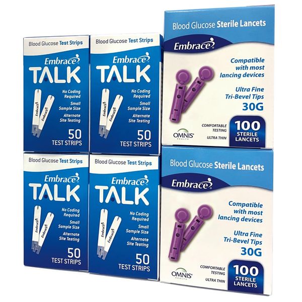 200 Embrace Talk Blood Glucose Test Strips includes 200 30g Lancets