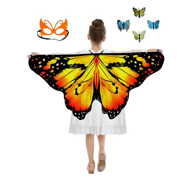 Niurui Kids Fairy Butterfly Wings Costume for Girls Halloween Toddler Dress Up Play Costumes with Butterfly Hair Clip Mask Christmas Party Favors Gifts (orange)