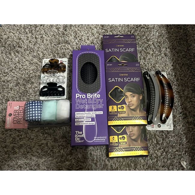 Hair Care Supplies 8 piece lot; Hairbrush, Hair wraps, Hair Protection