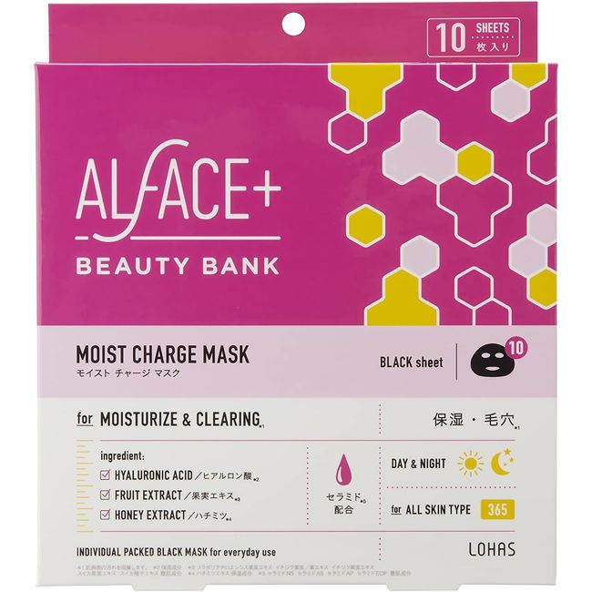 ALFACE Beauty Bank Moist Charge Mask 10 Pieces Ceramide Hyaluronic Acid Moisturizing Care Mochimochi Mask Black Sheet with Bamboo Charcoal