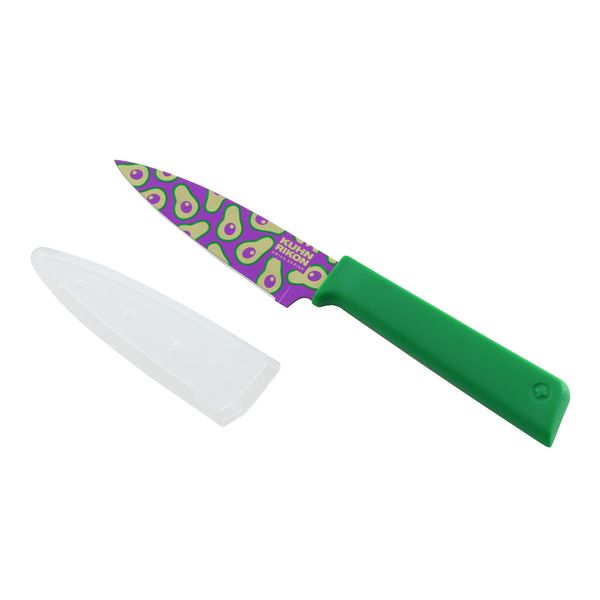 Kuhn Rikon 20492 Funky Fruit Avocado COLORI+ Non-Stick Straight Paring Knife with Safety Sheath, Stainless Steel, 19 cm,