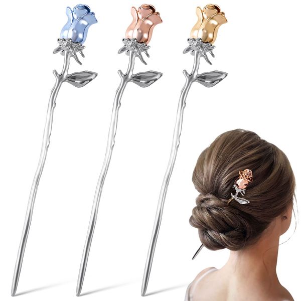 HINZIC 3Pcs Flower Hair Sticks Chinese Hair Stick for Long Hair Metal Chopsticks for Bun Prom Engagement Wedding Hair Accessories for Bride Women Girls(Pink-gold,Golden,Light Blue)