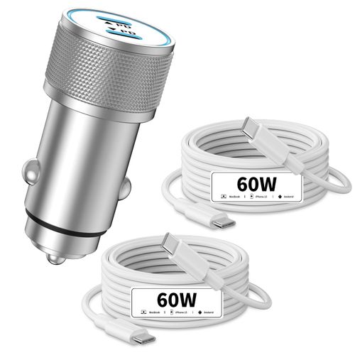 iPhone 15/16 Pro Max Car Charger, 72W 2-Port All Metal Fast USB C Car Charger Power Cigarette Lighter Adapter for MacBook Pro/Air, iPhone 15/16, Galaxy S25/S24, iPad, AirPods (2 USB C Cable Included)