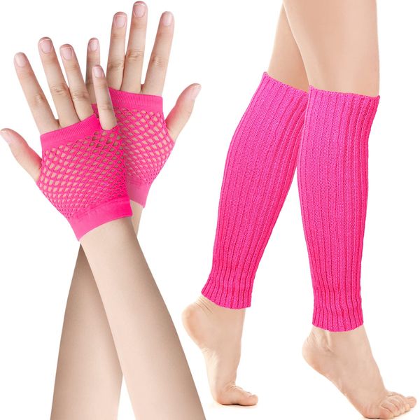 SATINIOR Neon Leg Warmers and Fishnet Gloves Set 80s Fancy Dress Costume Accessory Stretchy Leg Warmers Fishnet Gloves (Rose Red)