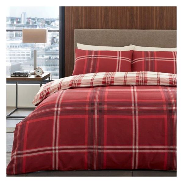 Lions Check Bedding Set - Bed Duvet Covers Double Size with Matching Pillowcase, Ultra Soft Reversible Poly Cotton Quilt Covers, Button Closure, 200x200cm, Bardsley Red