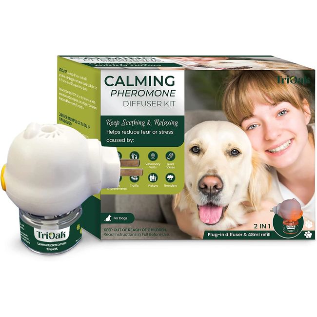 TriOak Dog Calming Pheromone Diffuser, 2 in 1 Dog Calming Starter Kit (Diffuser Head + 48ml Vial) for 30 Days Use, Enhanced Dog Calming Diffuser Kit for Dog Anxiety Relief