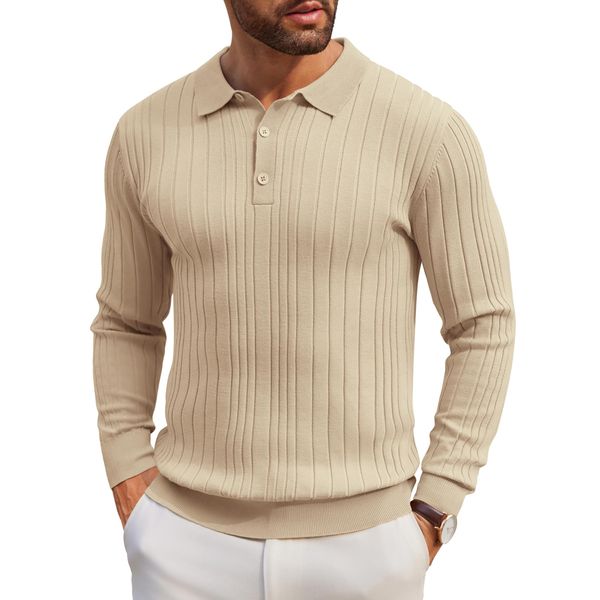 COOFANDY Herren Pullover Langarm Strickpullover Schmale Streifen mit Polokragen Gestrickt Polohemd Trendy Design Poloshirt Sweater Helles Khaki S