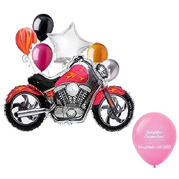 DalvayDelights 8pc Pieces Pink Motorcycle with Orange-Yellow Flames Mylar and Latex Balloon Bouquet Set