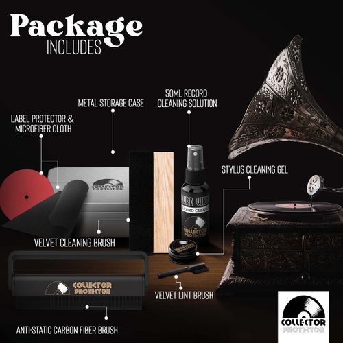 Collector Protector Vinyl Record Cleaning Kit - Vinyl Cleaner for Records, Includes Soft Velvet & Carbon Fiber Record Cleaning Brush, Record Cleaner Solution, Microfiber Cloth & Stylus Cleaner Gel