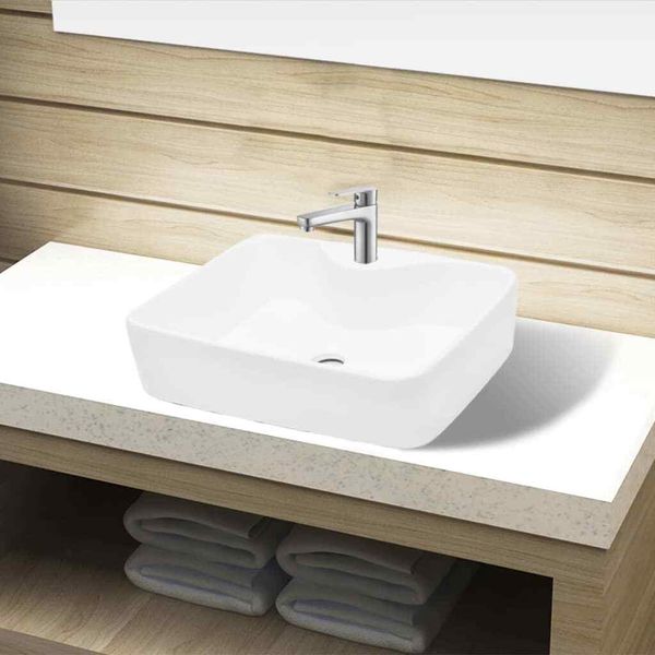 Bathroom Sink Wash Basin Bath Sink Ceramic with Faucet Hole White Square vidaXL