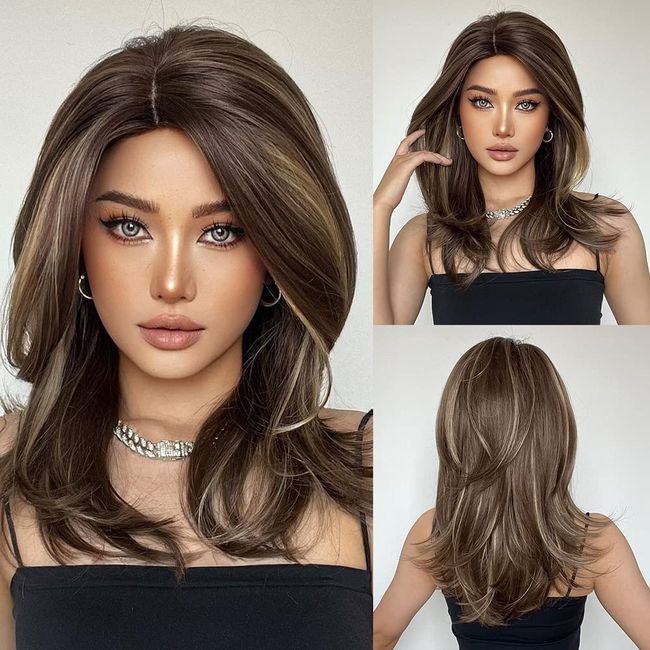 HAIRCUBE Brown Wigs for Women Light Brown Highlights Blonde Wig Natural Shoulder Length Layered Synthetic Wig for Daily Use