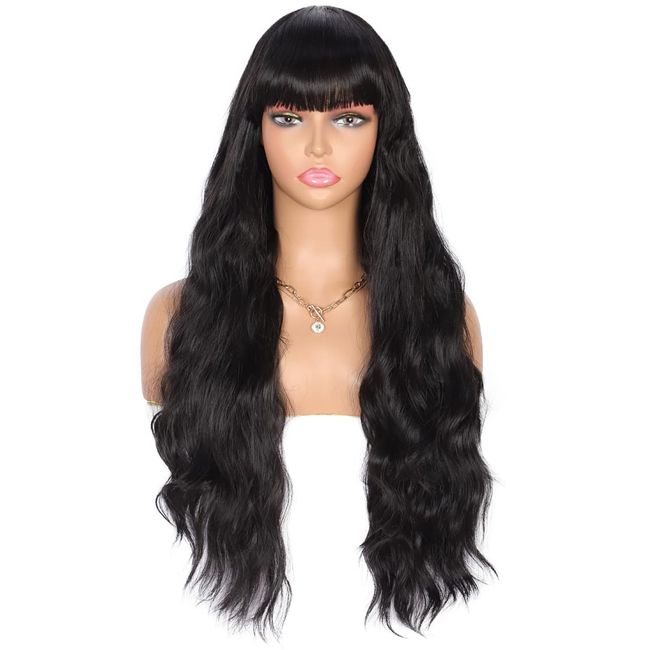 Kalyss 26" Black Wig with Bangs Long Black Wigs for Women Natural Wavy Wigs Heat Resistant Fiber Synthetic Black Wigs for Daily Party Women's Wigs