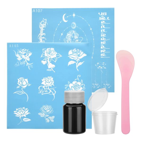 ATOMUS Waterproof Temporary Tattoos Kit Black Tattoo Fruit Juice Pigment with 2pcs Tattoo Stencil for Children Girls Lovers Tattoo DIY