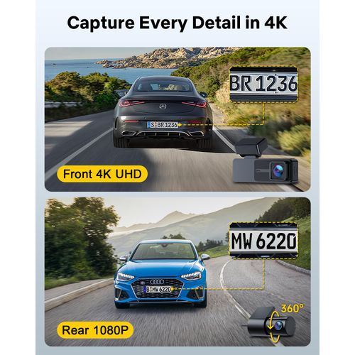 GKU Dash Cam Front and Rear, 3.18'' Touchscreen, 4K+1080P Dashcam, Built-in GPS, 5.8GHz WiFi Dash Camera for Cars with 24H Parking Monitor, Night Vision, WDR, Supports 512GB Max