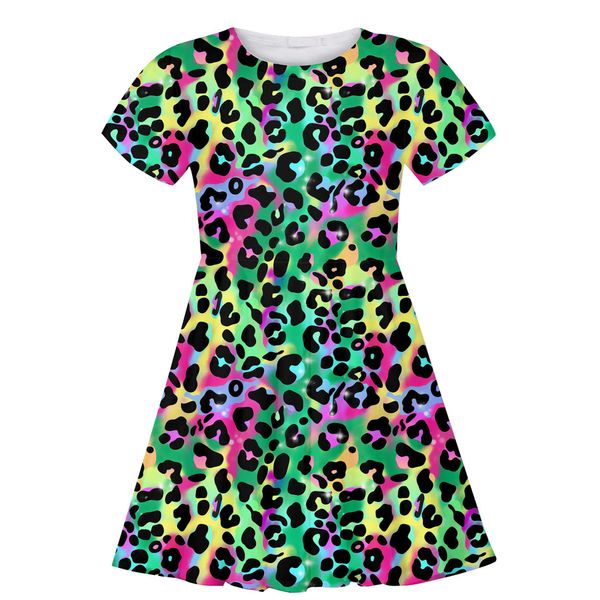 ALISISTER Little Dress Girls Casual Tshirt Sundress Swing Kids Crew Neck School Dance Twirl Colorful Leopard Toddler Dresses Birthday Party Outfits Summer Home Funny Playwear Size 7