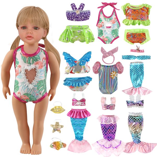 9 Sets Mermaid Tail Dresses Doll Bikini Swimwear Swimsuits - Mermaid Casual Dress, Lovely Girl Doll Swimsuits with Tight Underwear Hair Bands Outfits for 18 Inch Girl Dolls