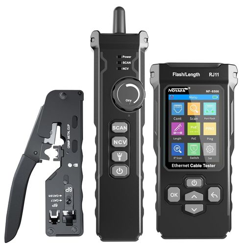 NOYAFA NF-8506 Network Cable Tester with RJ45 Crimp Tool, CAT5 CAT6 Network Tester, IP Scan, PoE Ping Test, Network Rate Test, Port Flashing, RJ45 RJ11 Ethernet Cable Tester with Crimper Stripper