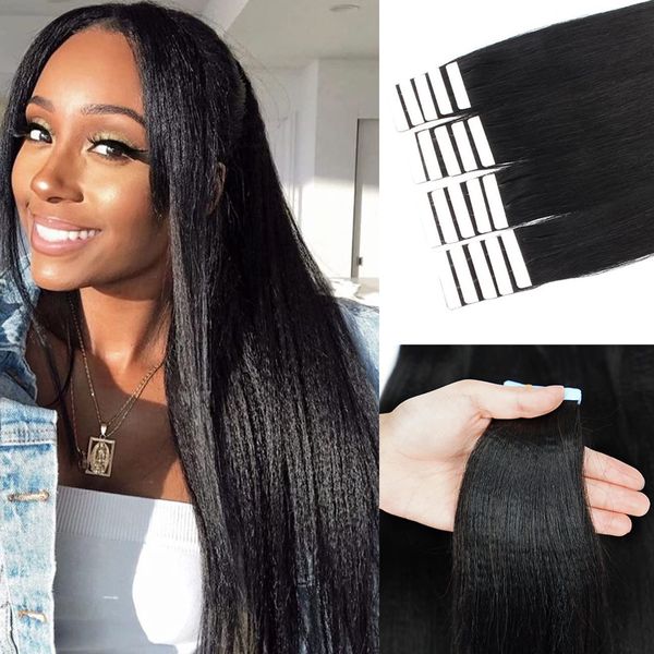 Yaki Human Hair Tape in Extensions for Black Women Yaki Straight Tape in Hair Extensions Real Human Hair Tape ins for Black Girls Invisible Tape in Hair Extensions Human Hair Tape ins Extensions 12”