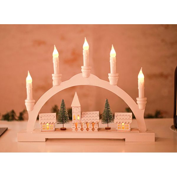 HomeZone Christmas Wooden Candle Bridge - Pre-Lit with Village Nativity Scene White LED Candle Ornament- Xmas Decorative Home Accessories for Window, Table and Home Decor Candle Light Decoration