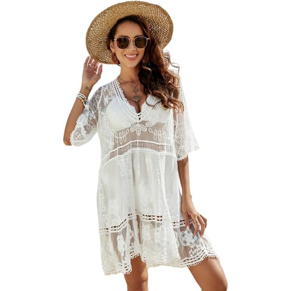 LCXYYY Damen Cover Up Sommer Bikini Strandurlaub Strandponcho Sexy Spitze V-Ausschnitt Freizeitkleid Sonnenschutz Strandkleid