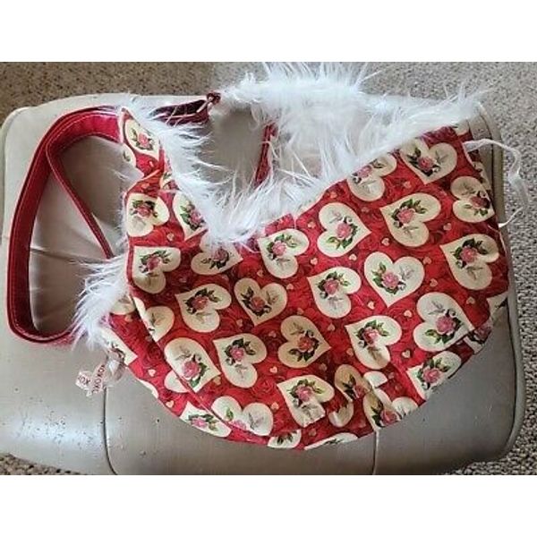 Handmade Luxury Pet Sling Bag Carrier Faux Fur Lined Adjustable Red W/ Hearts &