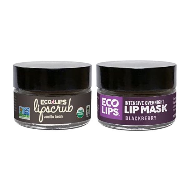 Eco Lips Vanilla Bean Lip Sugar Scrub & Blackberry Intensive Overnight Lip Repair Mask Duo - 100% Organic Lip Care Treatment with Organic Sugar and Coconut Oil - Gently Exfoliate, Polish, & Repair Dry, Flaky Lips, 100% Edible