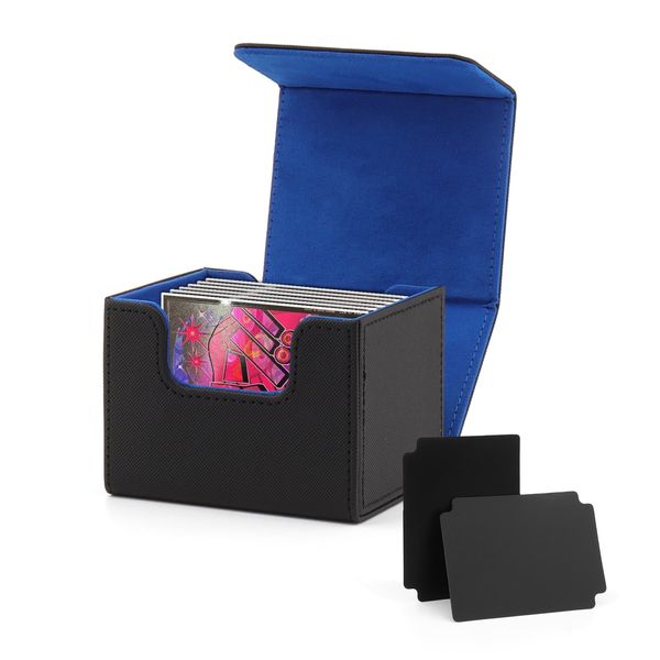 Card Deck Box for Trading Cards,MTG Deck Box with Black Card Dividers Holds 120+ Single Sleeved Cards,Leather Deck Card Box for TCG Magic Commander Trading Card Deck Box Card Storage Box(Black& Blue)