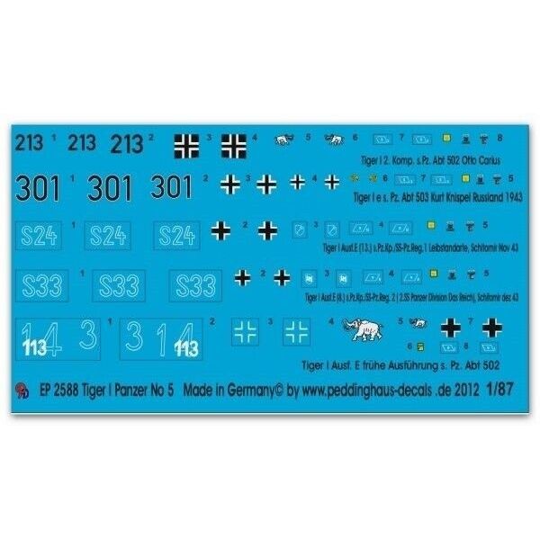 Tiger I Markings Decals, 5 Different. Peddinghaus 2588. Water Slide 1/87 scale