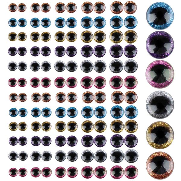 LotCow 120 Pieces 6 Colors Glitter Plastic Safety Eyes 12mm 14mm 16mm 18mm 20mm Round Doll Eyes for Doll Teddy Bear Bunny Toy and DIY Craft Making(Multi Colors)