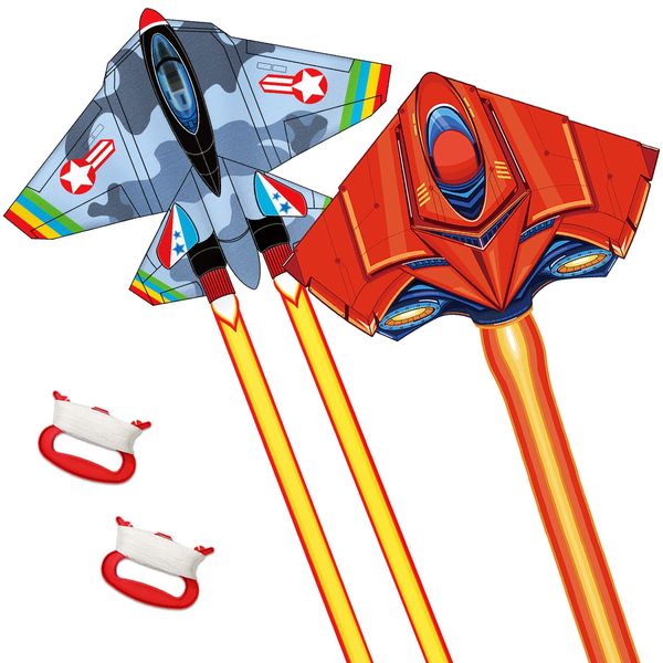 Kites for Kids Ages 4-8 8-12, Large Fighter Plane Kite for Adults Easy to Fly, Kids Kite for Toddlers Age 3-5, Perfect Beginner Kite for Beach with Handle & 328FT Kite String, 2 Pack Airplane Kite