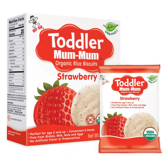 Hot-Kid Toddler Mum-Mum Rice Biscuits, Organic Strawberry, Organic, Gluten Free, Allergen Free, Non-GMO, 2.12 Ounce,24 Count, Pack of 6