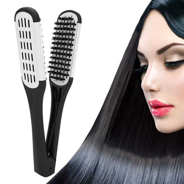 HURRISE Hair Straightening Comb, Professional V Shaped Comb, Double Sided Straightening Brush, Bristles Hairdressing Tool