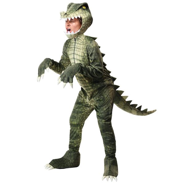 Kids Dangerous Alligator Costume Boys, Green Reptile Hooded Jumpsuit Halloween Outfit Small