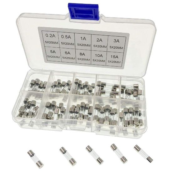 JZK 100 x Quick blow glass fuses set, 20 x 5mm, fast blow assorted fuses kit with box, Amp values: 0.2A 0.5A 1A 2A 3A 5A 6A 8A 10A 15A