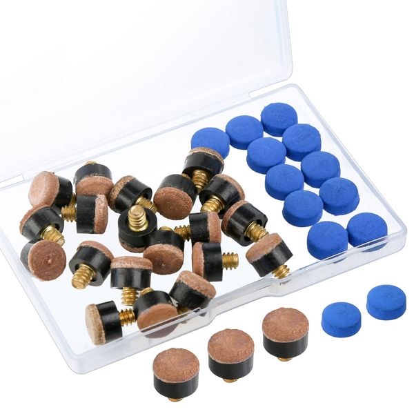 Zhenle 30 Pieces Cue Tips 10 mm Pool Cue Tips Snooker Cue Tips Screw On with Plastic Storage Box for Pool Cues and Snooker(Brown & Blue)