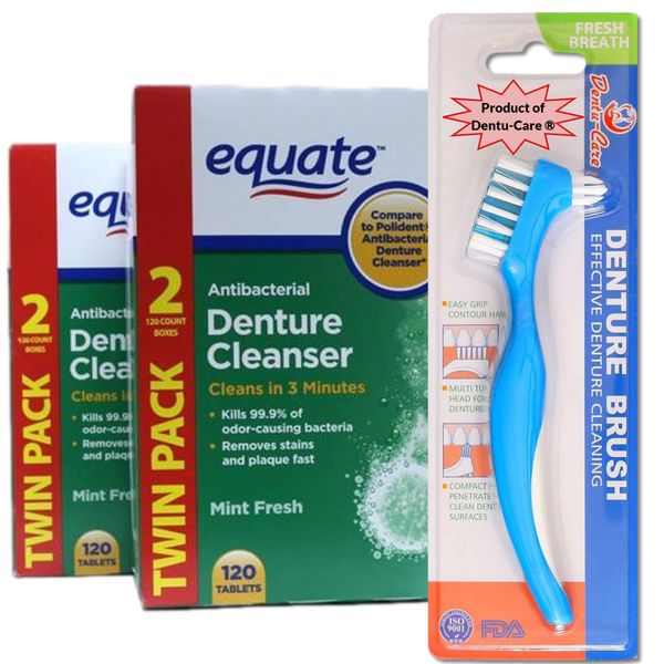 Denture Cleaner Tablets Equate Fresh Mint 240 Count Bundle with Dentu-Care Denture Brush for Maintaining Good Oral Care for Full/Partial Dentures