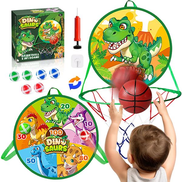 LAFALA Basketball Hoop, 14" Mini Basketball Hoop for Toddler Indoor Play Dart Board for Kids 2 in 1 Toddler Toys Birthday Dinosaur Party Favors Basketball Hoop for Kids 3,4,5 Years Old, Green T-rex