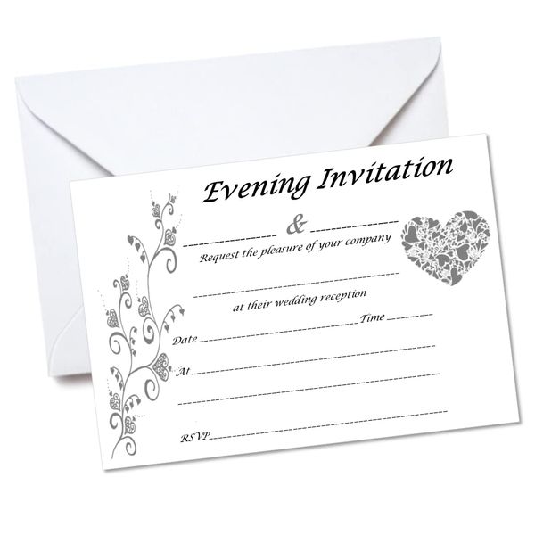 Pack of 10 Silver Evening Wedding Invitations with envelopes.