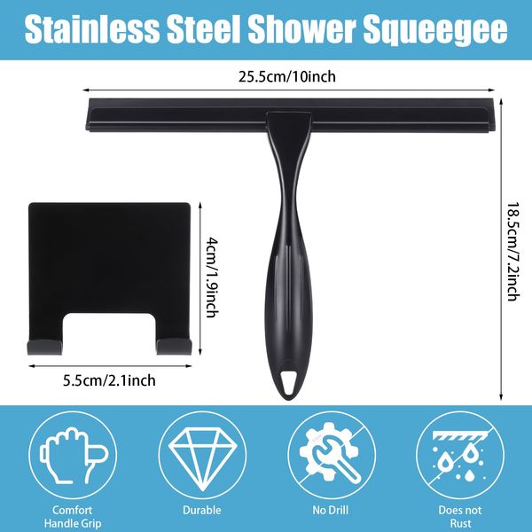 Shower Squeegee, 10 Inch Stainless Steel Window Squeegee Cleaner for Shower Glass Door with Hook, Shower Screen Wiper for Bathroom, Window,Mirror and Car Glass