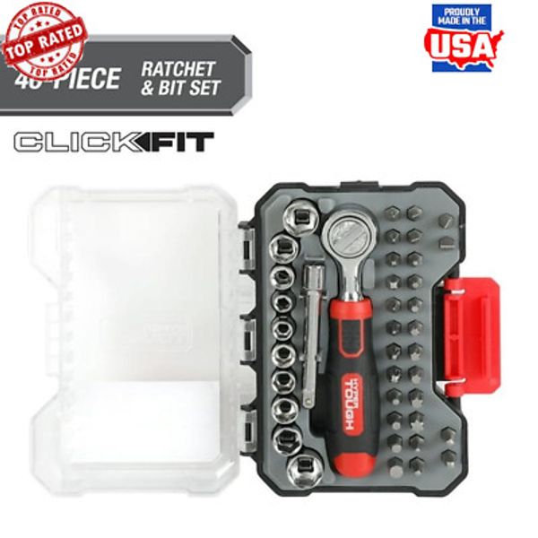 40-Piece Ratchet Bit Socket Set Click Fit Case Automotive Home Repair Tools New