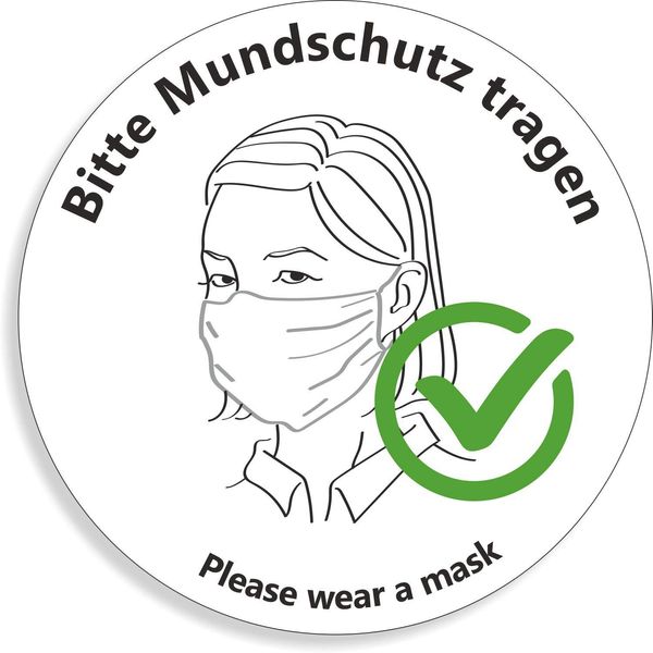 2 Stück Hinweis Aufkleber | Bitte Maske tragen. Please wear a mask. - Mit Piktogramm | PVC Warnhinweis UV-beständig und wasserfest | Rund 15 cm | für Außen und Innen geeignet | Corona Warnschild