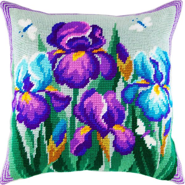 Blue Irises. Embroidery Kit w/Printed Tapestry Canvas (40 × 40 cm) — Embroidery Cushion Kit for Creative Home Décor — Needlework Kit for Adult Beginners